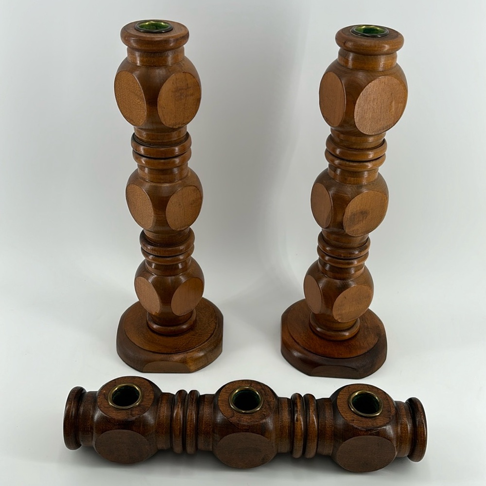 Vintage Boho mid century turned wood candle holder set large chunky